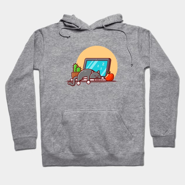 Cute Cat Sleeping On Laptop With Apple And Cactus Cartoon Vector Icon Illustration Hoodie by Catalyst Labs